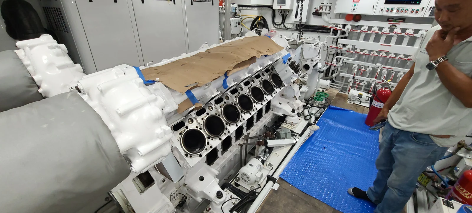 Marine engine opened for service