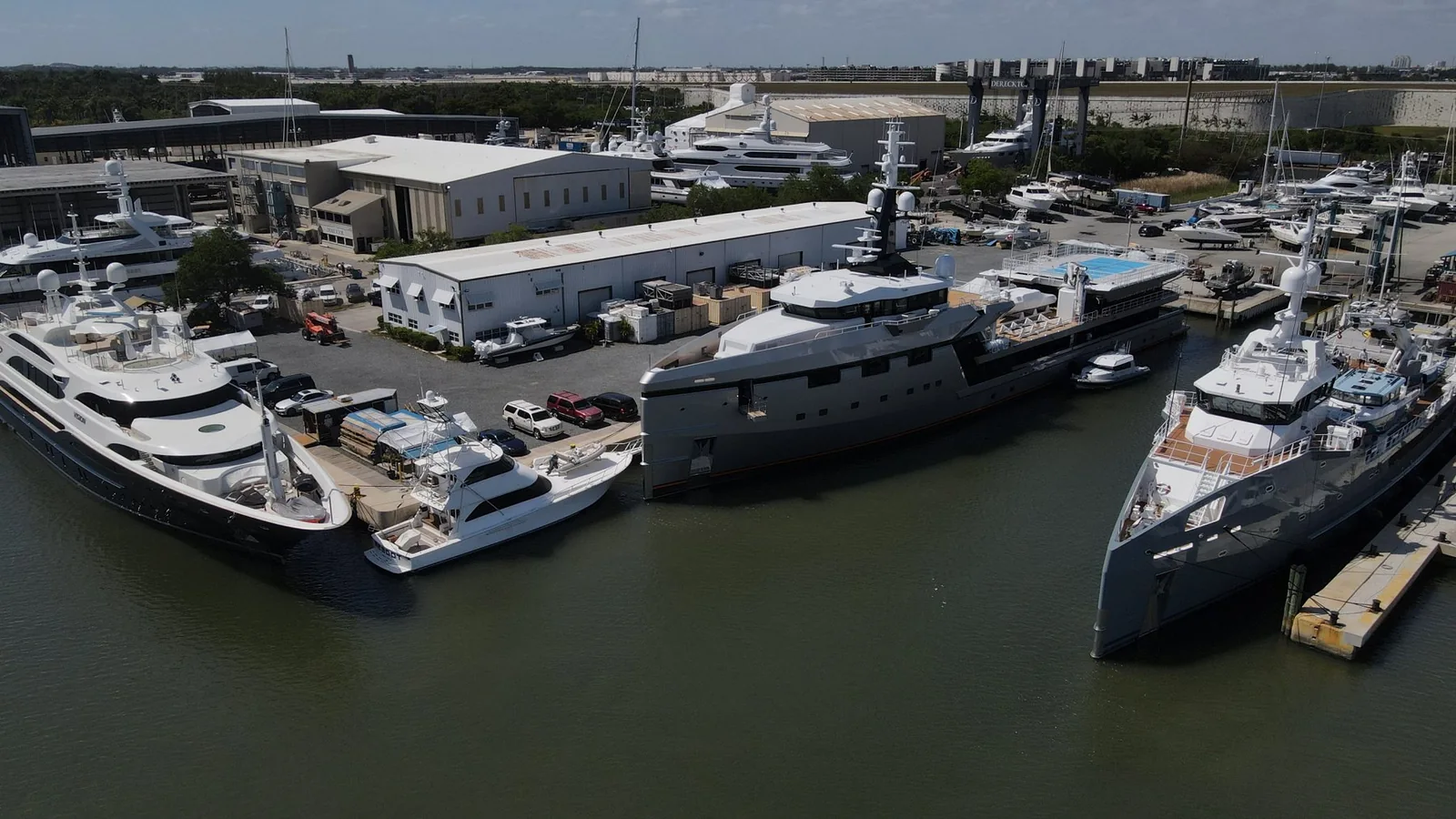 Aerial overview of Taylor Lane docks, yard buildings, and surrounding waterways